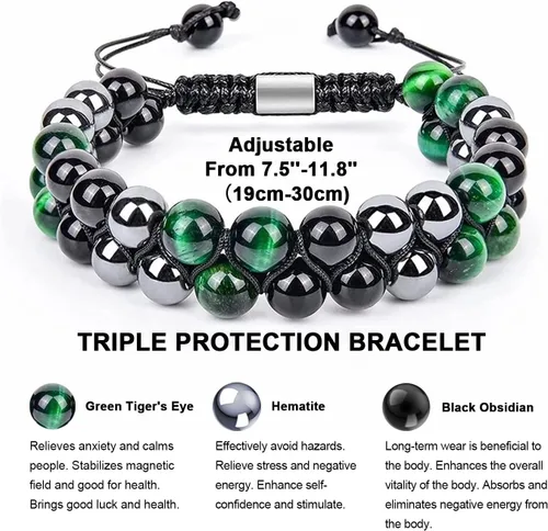 Miniatura 4 de Pulsera de triple protección de 0.315 in y 0.394 in para mujeres y hombres, pulsera de piedra natural, ojo de tigre natural, obsidiana y hematita