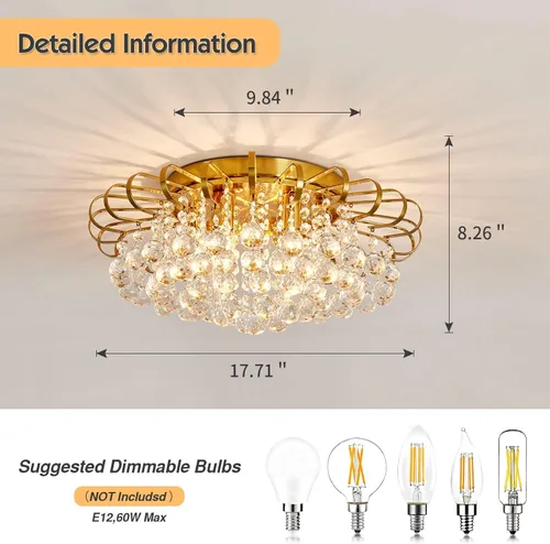 Miniatura 3 de CVKASH Candelabro de cristal de 4 luces moderno semi empotrado lámpara de techo iluminación de techo para sala de estar, pasillo, comedor, cocina