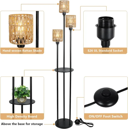 Miniatura 4 de Lámpara de pie bohemia con estantes, lámpara de pie alta de granja de 3 luces con interruptor de pie de encendido/apagado, lámpara de pie rústica