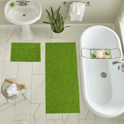 LuxUrux Juego de 2 tapetes de baño de felpa extrasuave, material de microfibra de felpilla de 1 pulgada, color verde súper absorbente