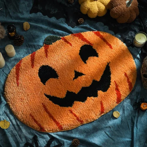 Miniatura 11 de YRXRUS Tapetes de baño con diseño de calabaza de Halloween, con forma de calabaza, lavable a máquina, alfombra naranja para sala de estar