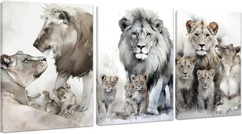 Miniatura 11 de 3 piezas modernas de lienzo de león de animales salvajes, pinturas de retratos de familia de leones, decoración de pared, obras de arte de sala