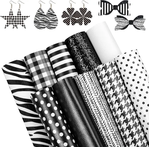 Whaline 10 hojas de cuero sintético blanco y negro, tela de cuero sintético de 8 x 12 pulgadas, patrón de rayas a cuadros con purpurina para