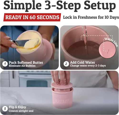 Miniatura 3 de Priority Chef Recipiente para mantequilla con tapa con línea de agua, plato de mantequilla francés de cerámica para dejar en la encimera, rosa