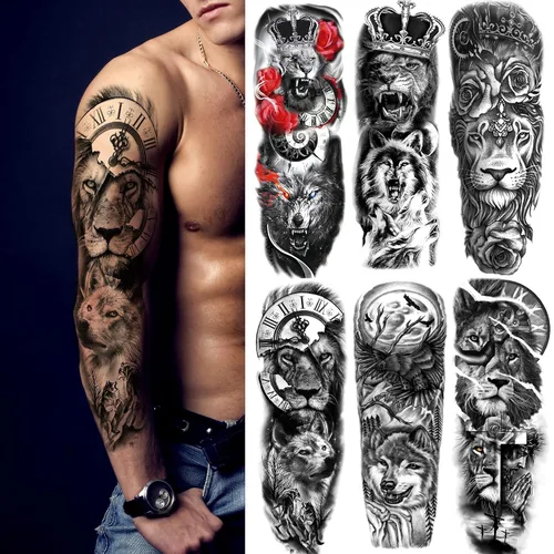 Miniatura 6 de Kotbs 6 hojas de mangas temporales de tatuaje de tótem tribal grande, diseños realistas de dragón, reloj y vikingo, funda de tatuajes falsos