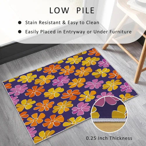 Miniatura 5 de Purple Flower Rugs for Living Room 7x8, Retro Floral Bedroom Carpet, Vintage 70s Bohemian Pattern Design Area Rug, Washable Non Slip Soft Area