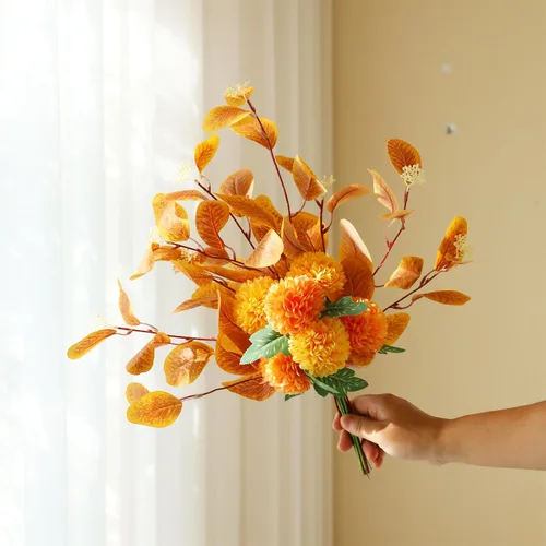 Miniatura 5 de Hananona Ramo de flores artificiales de crisantemo, crisantemos naranja con tallos de eucalipto, ramo de otoño naranja falso para centros de mesa