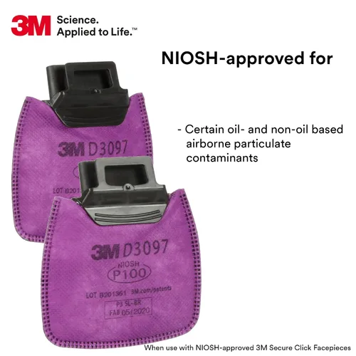 Miniatura 2 de 3M Filtro para Respirador P100, Clic Seguro D3097 Nivel Molestia de Vapores Orgánicos y Ciertas Partículas de Aceite y No Aceite, Aprobado por