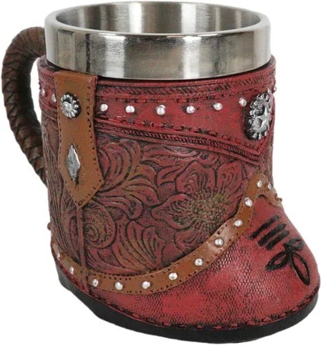 Ebros Gift Bota rústica de vaquera occidental con taza de café con estrella solitaria en piel sintética con acabado floral de desplazamiento floral