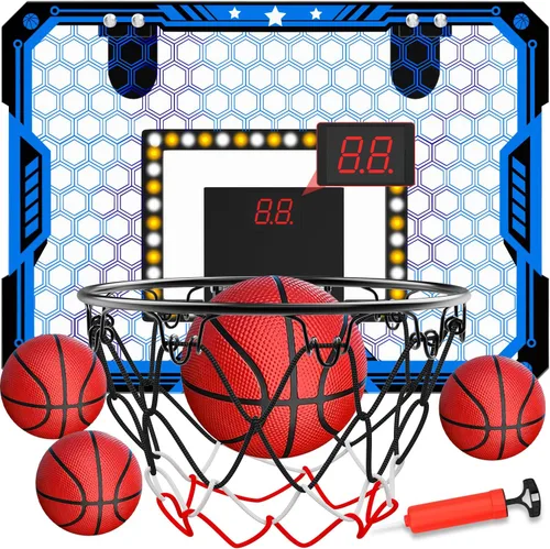Indoor Basketball Hoop for Kids, Over The Door Mini Basketball Hoop Set with LED Lights, Scoreboard, 4 Balls & Sound Effects - Indoor Toys Gift for