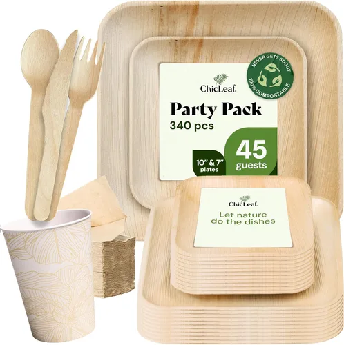 Chic Leaf Juego de platos y tazas compostables de hoja de palmera, 10 y 7 pulgadas, paquete de 45, natural, vajilla biodegradable, platos y tazas