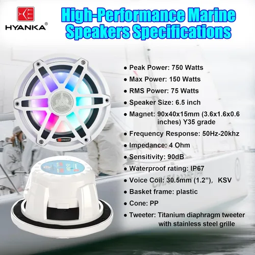 Miniatura 5 de H YANKA MC-65B - Altavoces marinos 6.5 - 750 W 2 vías IP67 impermeable sistema estéreo marino con luz LED azul, sonido de rango completo, altavoces