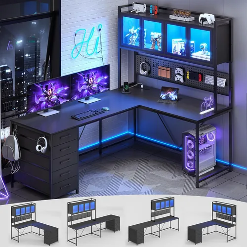 SEDETA Escritorio Gaming en Forma de L con Cajones, Escritorio para Computadora en Forma de L con Estante Superior y Repisas de Almacenamiento,