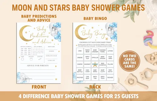 Miniatura 3 de Moon Stars - Juego de juegos para baby shower, 4 juegos incluye Word Scramble, Oh Baby, predicciones y consejos, bingo, 50 tarjetas de doble cara