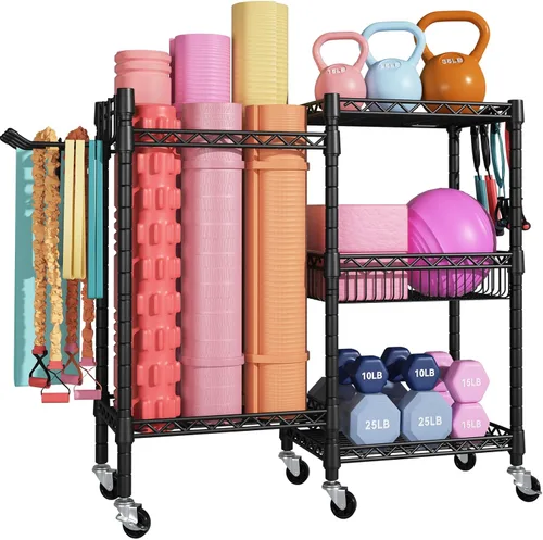 FUTASSI Almacenamiento para Gimnasio en Casa, Organizador de Equipo de Entrenamiento de 3 Niveles con Ruedas para Esterillas de Yoga, Rodillo de