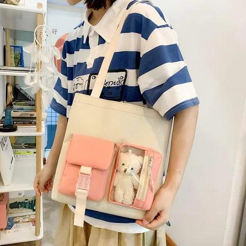 Miniatura 3 de Mochila de viaje para mujer, 5 unidades, diseño de oso con diseño de dibujos animados, alfileres de alta capacidad, ligero, kawaii, preppy, mochila