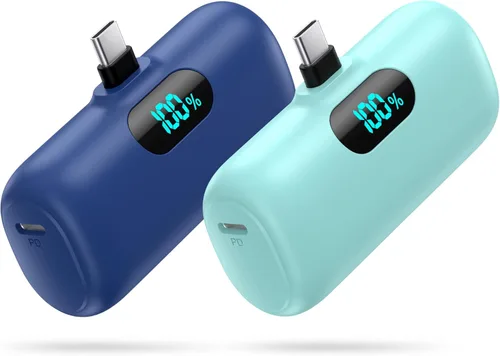 [Paquete de 2] Mini cargador portátil de 5000 mAh, batería portátil de 3 A PD USB C, pantalla LCD, batería compatible con iPhone 16/15/15 Plus/15