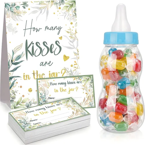 Fuutreo Juego de 52 piezas de regalos para baby shower, incluye un biberón grande de pie con 50 tarjetas pequeñas, decoraciones florales para niñas