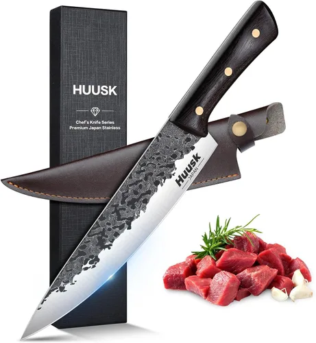 Miniatura 13 de Huusk Cuchillo de chef serbio mejorado, cuchillo de carnicero forjado con funda, cuchillo de carne japonés para cortar carne, cuchillos de corte