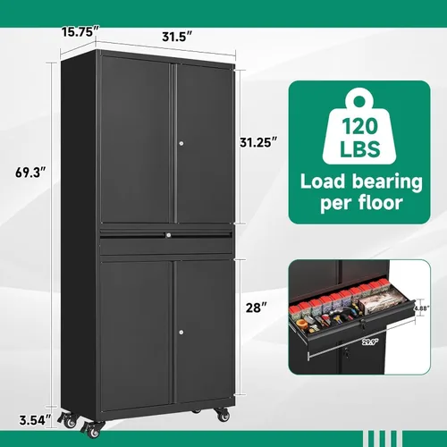 Miniatura 3 de Letaya Armario de almacenamiento de metal para garaje con ruedas, gabinete de herramientas con 4 puertas, estantes ajustables con cerradura y 1 Negro