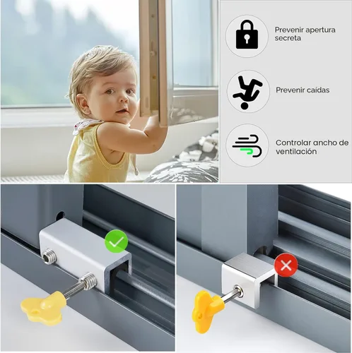 Miniatura 6 de Cerraduras de ventana, 4 juegos de cerradura de ventana de seguridad deslizante con llave para ventanas correderas verticales y horizontales y Plata