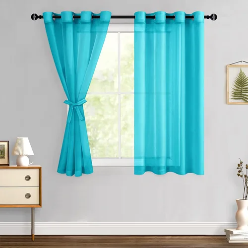 Miniatura 120 de Hiasan - Cortinas traslúcidas de gasa cortas semitransparentes con ojales y alzapaños filtrantes de luz para ventana, dormitorio, baño, 2 paneles