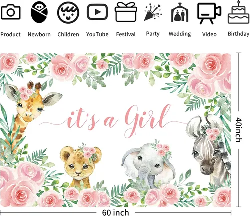 Miniatura 2 de Decoraciones de telón de fondo para baby shower, temática de animales de la selva, suministros de fiesta de baby shower para niña, telón de fondo