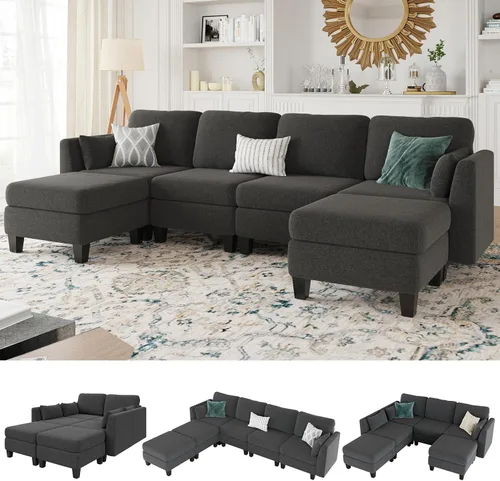 Miniatura 15 de Sofá seccional con sofá cama, sofá modular de 6 plazas, cómodos sofás seccionales convertibles, sofás convertibles con otomanos, sofás seccionales