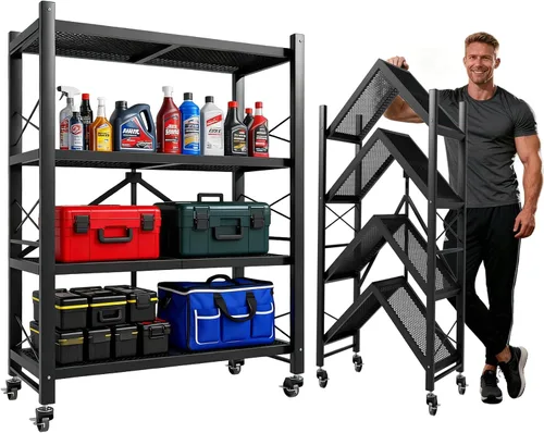 Miniatura 10 de Grezone Estantes plegables de 3 niveles de almacenamiento de metal resistente con ruedas – No se ensambla unidad de estantería plegable para cocina