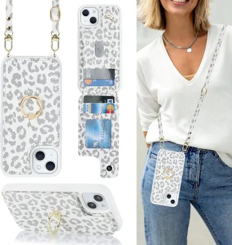 Miniatura 21 de Lipvina Funda para iPhone 14 Plus con tarjetero y correa para mujer, cordón cruzado, bloqueo RFID, soporte de anillo de soporte, cierre a presión