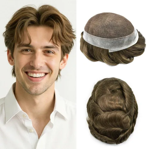 Miniatura 120 de Toupee para hombres Sistema de reemplazo de cabello humano real pieza de cabello humano para hombres encaje suizo para hombre Toupee Hair Pieces