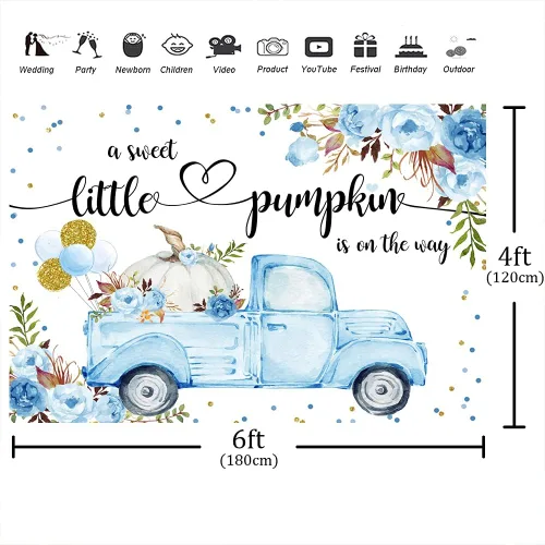 Miniatura 2 de Telón de fondo de baby shower de calabaza pequeña de 6 x 4 pies, con texto en inglés "A Little Sweet Pumpkin is On The Way", globos florales azules