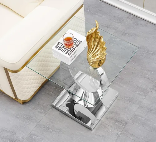 Miniatura 59 de Mesa de centro de cristal de lujo, mesa de centro de sofá de 47 pulgadas con marco de acero inoxidable dorado y parte superior de vidrio negro, mesa
