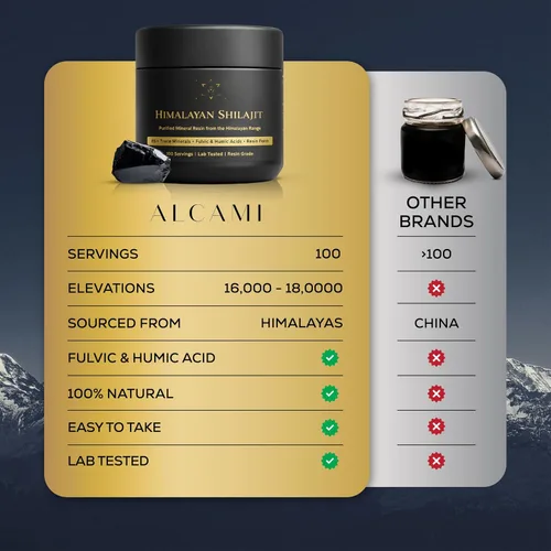 Miniatura 3 de Alcami - Resina Shilajit del Himalaya de alta calidad, grado dorado de alta potencia para hombres y mujeres, 100 porciones, más de 85 minerales
