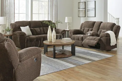 Miniatura 15 de Signature Design by Ashley Frohn - Sofá biplaza reclinable doble manual moderno con consola, almacenamiento y portavasos, color marrón oscuro Gris