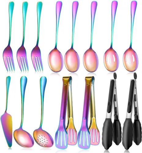 Miniatura 8 de Juego de utensilios de servir dorados para fiestas, cucharas grandes de servir de acero inoxidable, cucharas ranuradas, tenedores, pinzas, cucharas