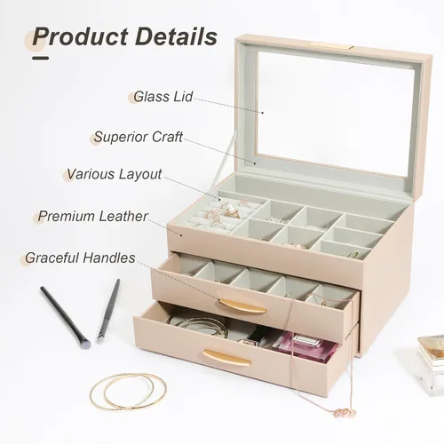 Miniatura 3 de V-LAFUYLIFE Organizador de joyas, caja de joyería de cuero de 3 niveles con 2 cajones, joyero para mujeres y niñas, caja de joyería de gran