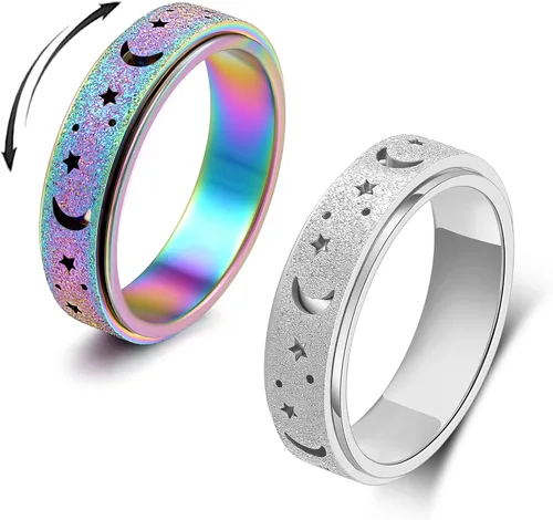 Miniatura 10 de Anillo Giratorio para Ansiedad - Anillo de Dedo de Acero Inoxidable para Hombres y Mujeres - Luna Estrella Negro 8