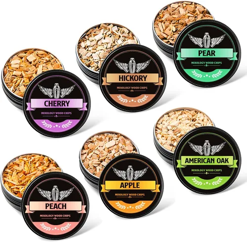 INSISART Chips de madera para ahumar whisky, 6 sabores de manzana, cereza, roble, pera, durazno, nogal, chips naturales para cócteles, anticuado,