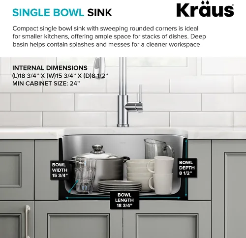 Miniatura 5 de Kraus KBU11 - Fregadero de cocina de acero inoxidable de 19 3/4 pulgadas, fregadero de cocina duradero de calibre 18 de un solo tazón