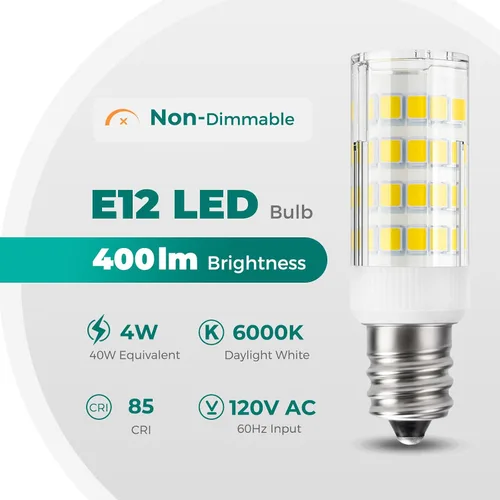 Miniatura 2 de DiCUNO Bombilla LED E12 de 4 W (equivalente a 40 W), luz blanca diurna de 6000 K, no regulables, bombillas de base de vela para ventilador de techo