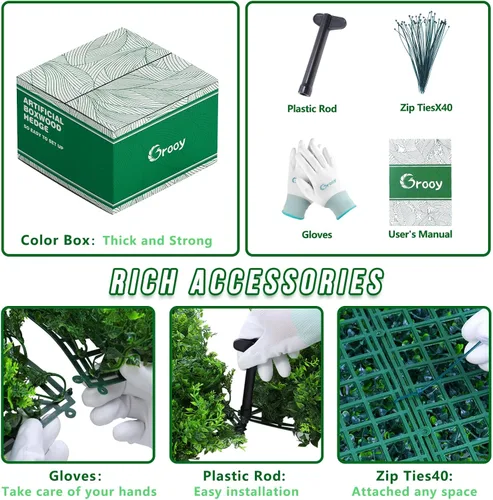 Miniatura 3 de Grooy Pared de césped artificial de seto de 20 x 20 pulgadas, 6 paneles de boj, paneles de fondo de vegetación, pantalla de valla de privacidad