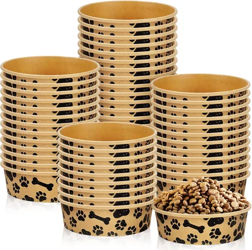 Whaline 50 cuencos desechables para mascotas de 16 onzas, papel kraft para perros y gatos, pequeños cuencos de comida con diseño de huella de pata