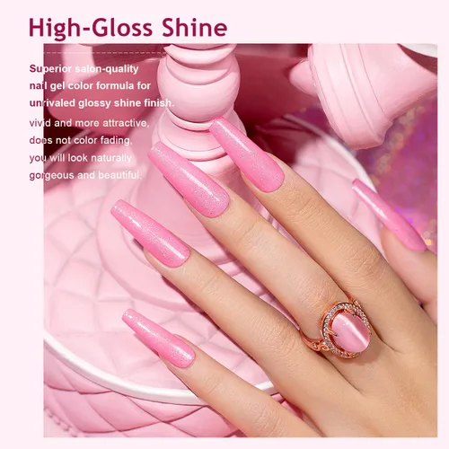 Miniatura 2 de RARJSM Esmalte de uñas de gel iridescente nude rosa brillante - Gel de uñas de purpurina brillante y brillante de color rosa neón - Pigmento Arco