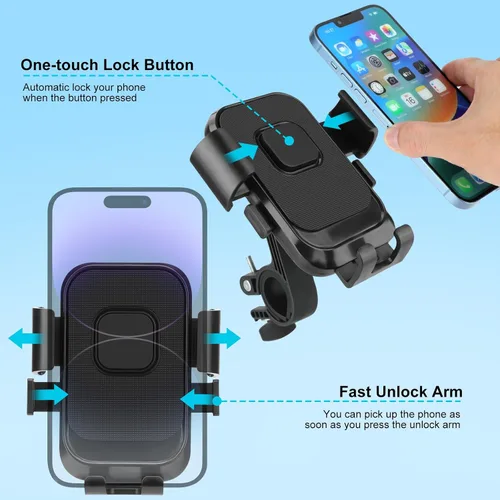 Miniatura 8 de Soporte de teléfono para motocicleta, bloqueo automático a prueba de golpes, anti-vibración, rotación de 360°, soporte de teléfono celular