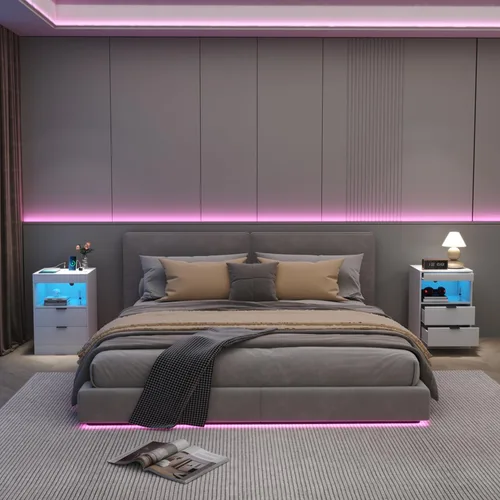 Miniatura 8 de Gadroad - Mesita de noche LED con estación de carga, mesa de noche con 3 cajones y luces LED, mesa auxiliar de sofá con estante extraíble