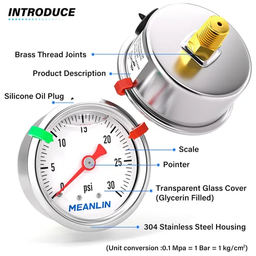 Miniatura 3 de MEANLIN MEASURE - Manómetro de presión de 0~30 psi, relleno de glicerina, esfera con cara de 1.5 pulgadas, NPT de 1/8 de pulgada, manómetro de acero
