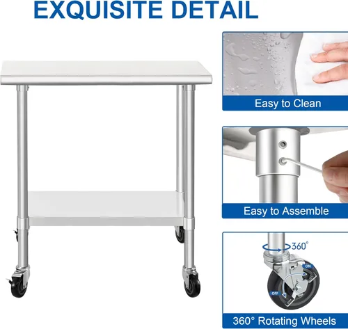 Miniatura 6 de HARDURA Mesa comercial de acero inoxidable para preparación y trabajo con ruedas, mesa de metal resistente con ruedas, NSF 430, 14 x 30 pulgadas