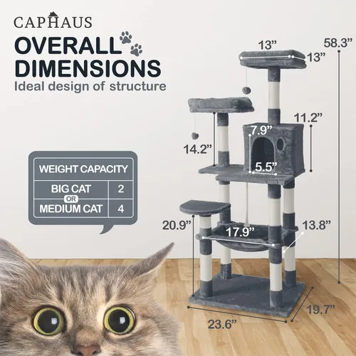 Miniatura 2 de CAPHAUS Árbol de Actividad para Gatos Extra Ancho y Alto con Dos Perchas Superiores, Postes Rascadores, Torre de Juego Multinivel para Lindos Gatos