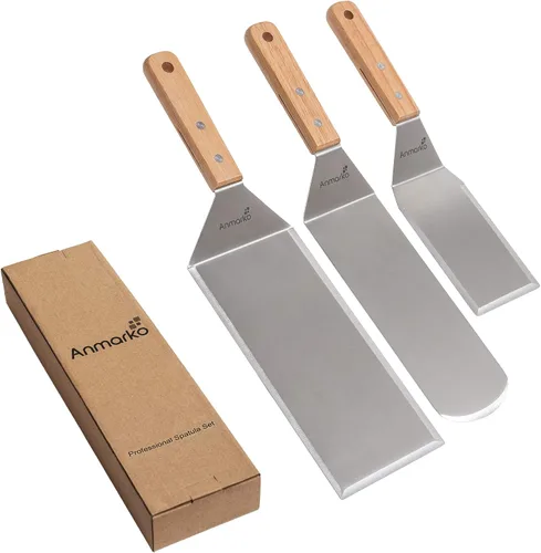 Miniatura 5 de Juego de espátulas de metal para hamburguesas de acero inoxidable, espátula para parrilla de barbacoa, parte superior plana Juego de mango de madera